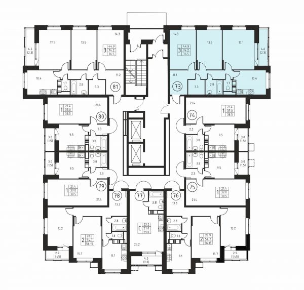 3 комнаты до 76.5